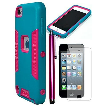 - Bastex Heavy Duty Robotic Design Hybrid Teal Rubberized Case with Hot Pink Hard Insert for Apple iPod Touch 5 **INCLUDES SCREEN PROTECTOR AND STYLUS**