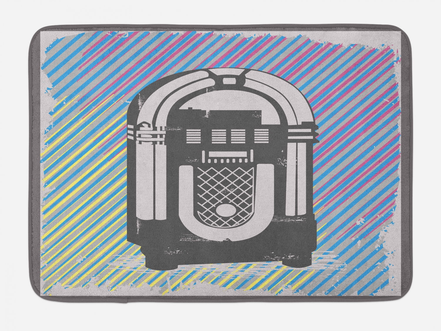 Jukebox Bath Mat, Radio Party Dark Grey Vintage Music Box with Abstract