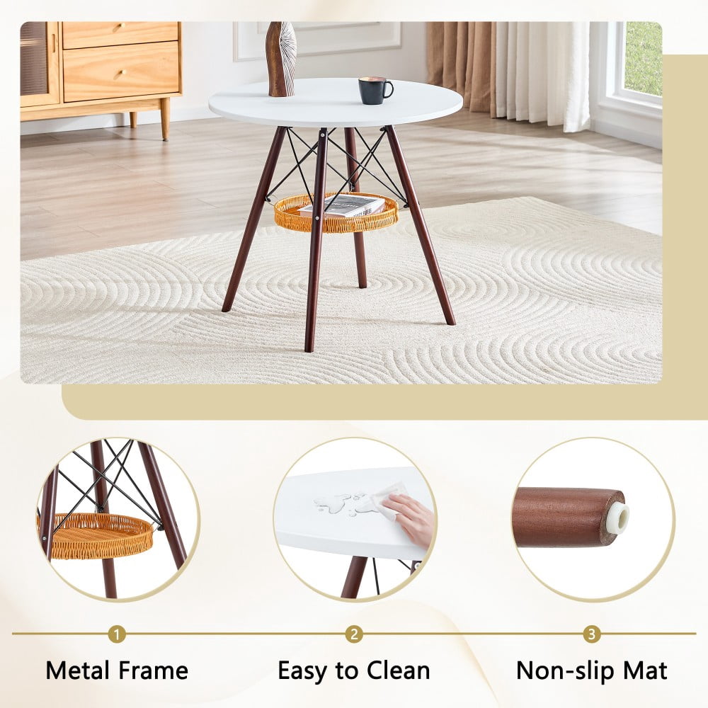 31.5" Round Dining Table, White MDF Vacuum-Formed Tabletop with Walnut Solid Wood Legs, Woven Storage Basket, Modern Kitchen Table for 2-4