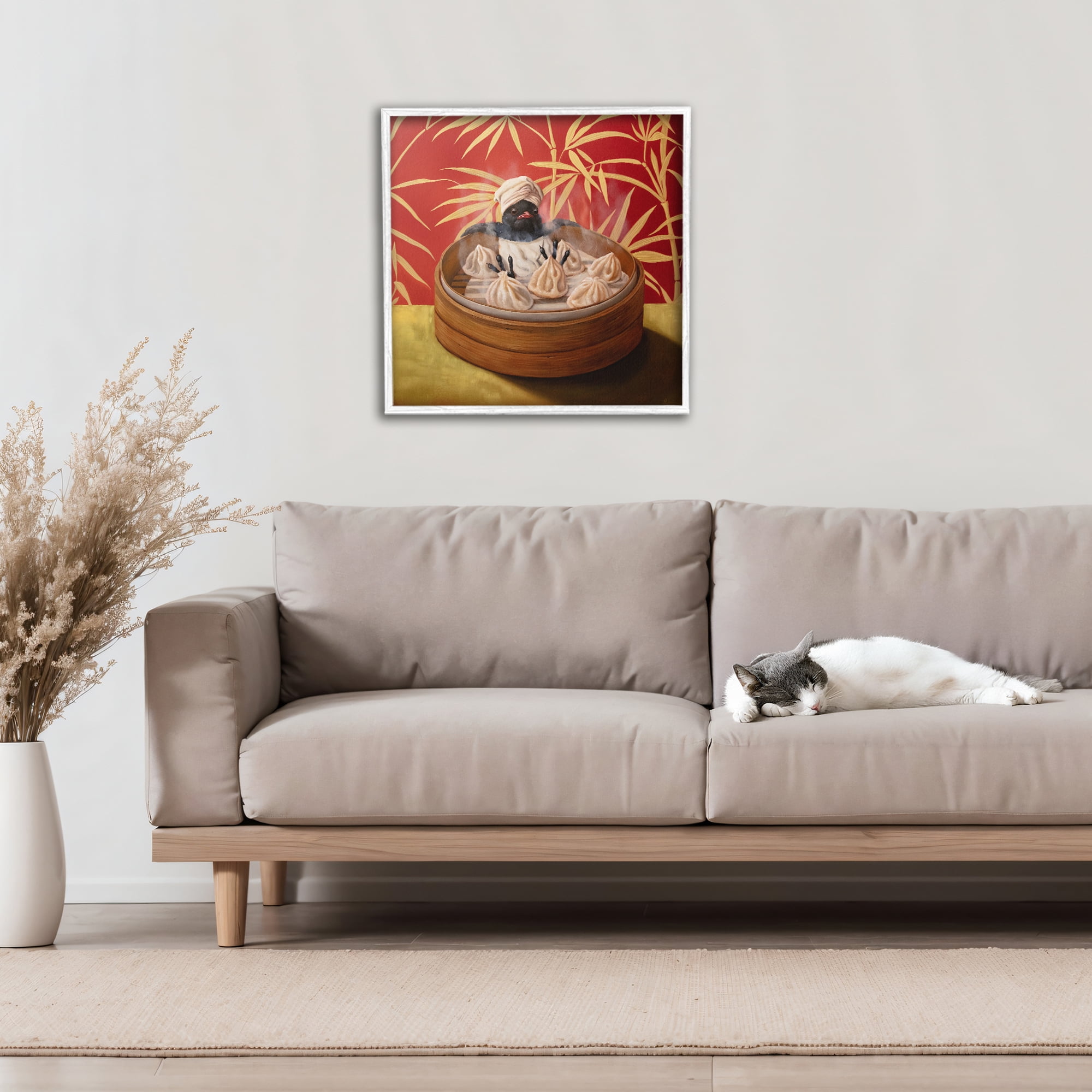 Bamboo Steamer Bird White Framed Giclee Art, design by Lucia Heffernan