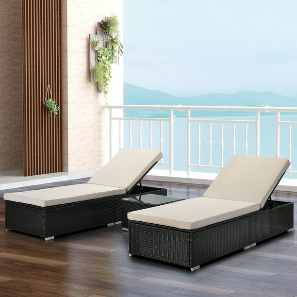 Outdoor Rattan Lounge Chairs Set of 3, BTMWAY PE Wicker Patio Outdoor