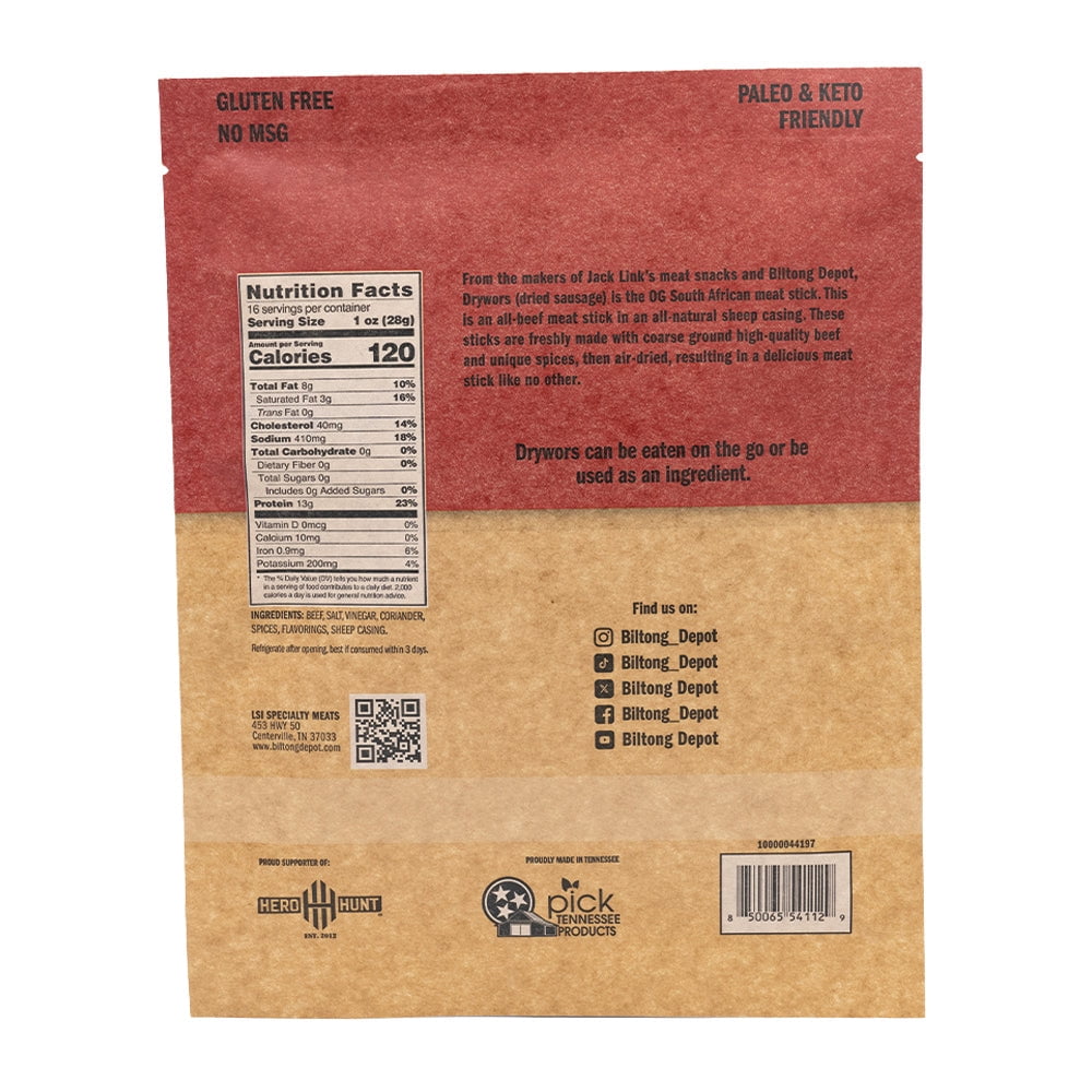 Biltong Depot Original Drywors (8oz): High Protein Snack, No Sugar, Natural Dried Beef Sausage Stick