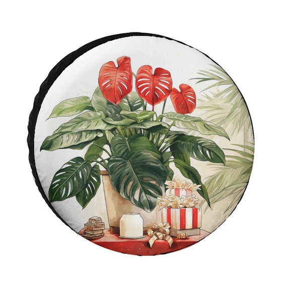 Christmas Monstera Plant Camping Spare Tire Cover Tropical Leaves Waterproof Polyester Wheel Protectors Wheel Covers for Travel Trailer Camper Truck SUV Camper 12inch