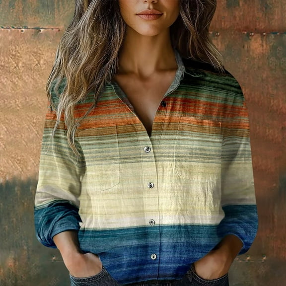 Beige Women Shirts, Women Cotton Shirt Printed Fashion Button Down Shirts Casual Tops Long Sleeve Blouse,Women Shirts XXL