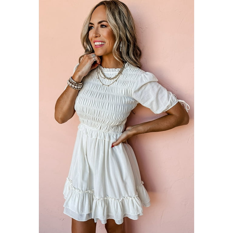 Stunning White Smocked Ruffle Mini Dress with Short Puff Sleeves