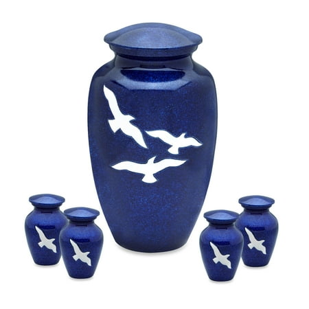 - Bright Blue with Birds Adult Cremation Urn with 4 Tokens