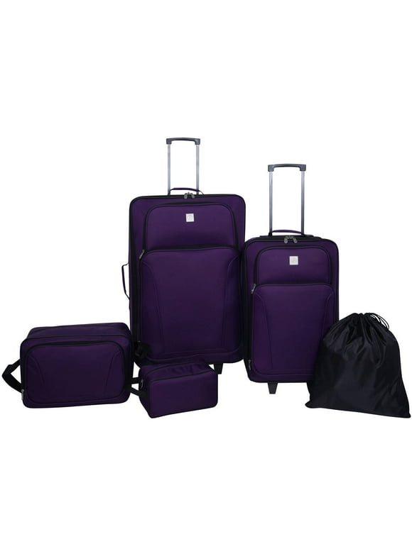 Protege Purple Polyester Softside Luggage Set, 5 Piece Set includes 28" Checked and 21" Carry-on, Boarding Tote, Utility Bag and Cinch Sack