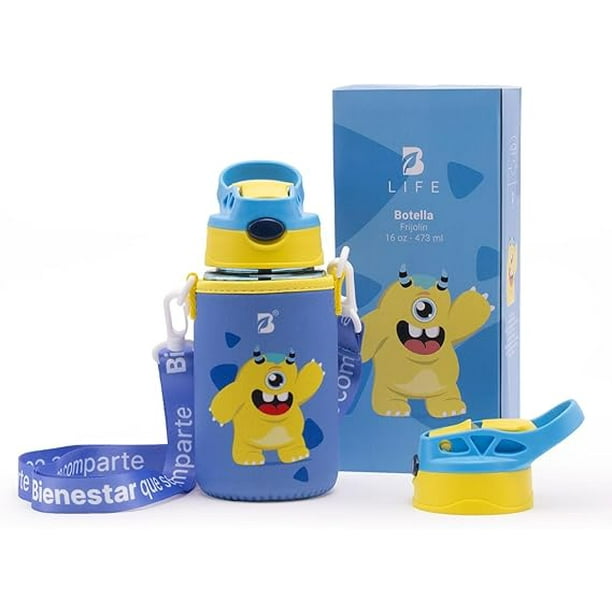 Botella de Agua para Niños 473ml Frijolín | Con Funda, 2 Tapas, 2 Popotes y Cepillo | Libre de BPA | B Life