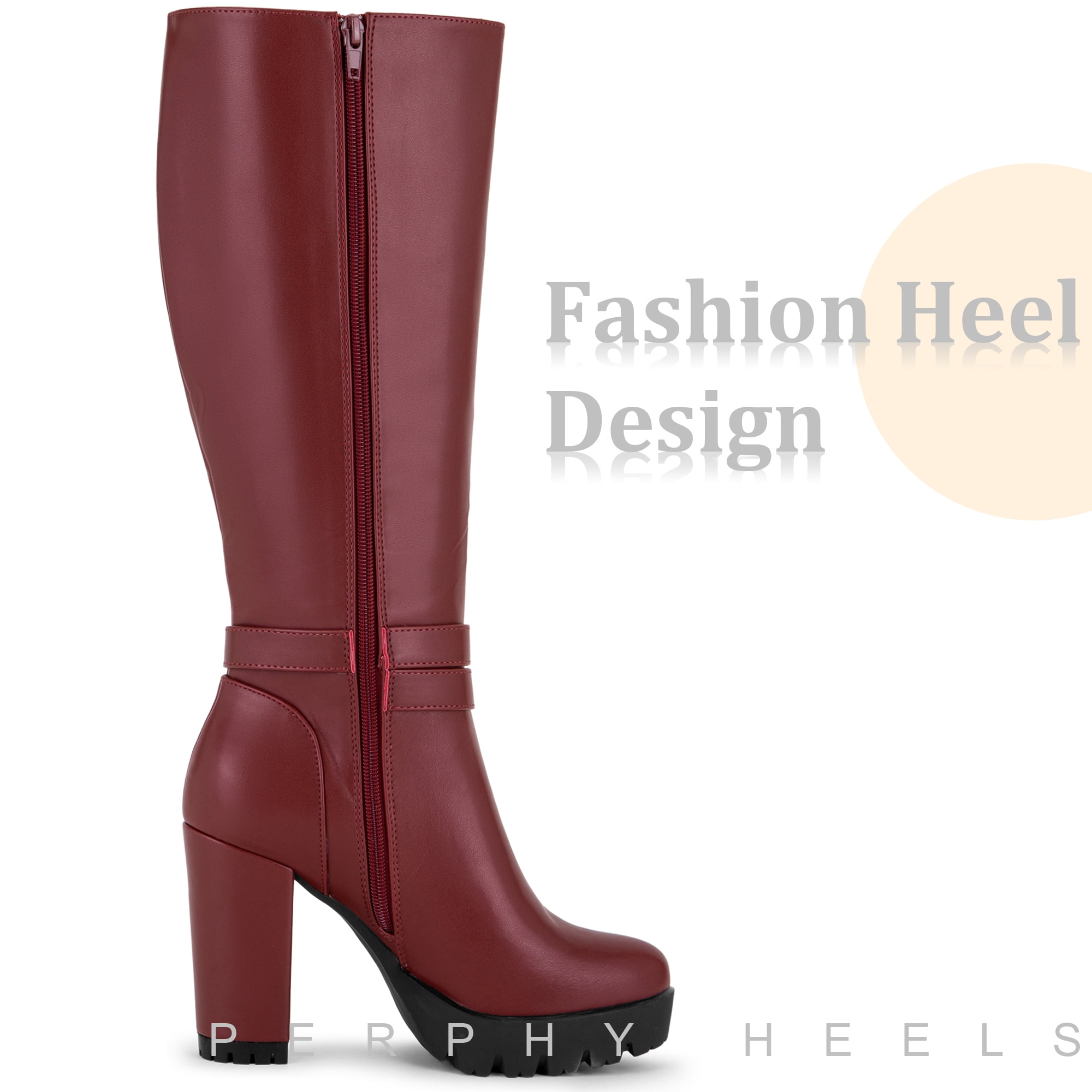 DARING DIVA Women's Round Toe Platform Chunky Heels Knee High Boots Burgundy 7