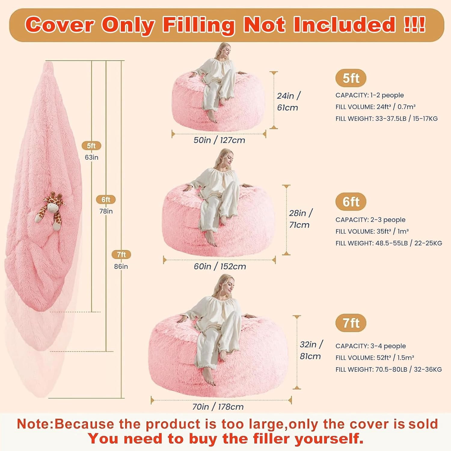 Fluffy Bean Bag for Stuffed Animals Storage, Faux Fur Washable Bean Bag Chair Cover(No Filler) for Textile Plush Toys, Beanbag Chair Cover for Adults Kids Teens, 6FT, Pink