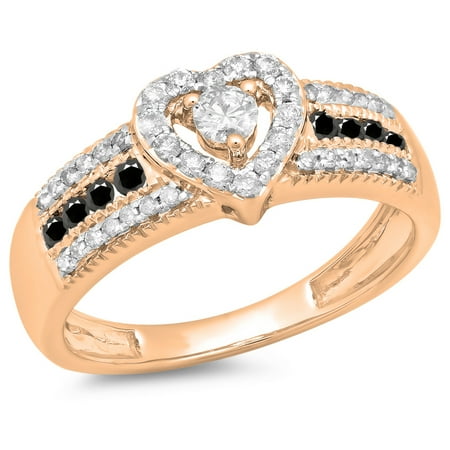 0.55 Carat (ctw) 14K Rose Gold Round Cut Black & White Diamond Ladies Bridal Heart Shaped Promise Engagement Ring 1/2 CT