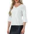 thumbnail image 4 of Top de lentejuelas INSPIRE CHIC para mujer con mangas de campana 3/4, escote en V, metálico, brillante y con purpurina, blusa de fiesta S plateada, 4 of 6