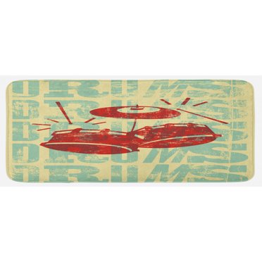 Vintage Kitchen Mat, Groovy Retro Drumming Poster Design Percussion Rock Music Instrument Play Vibe Hit, Plush Decorative Kitchen Mat with Non Slip Backing, 47" X 19", Red Yellow, by Ambesonne