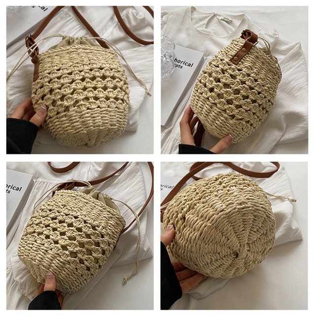 Bolsa tipo cubo de verano para mujer, bandolera tejida con cordón para viaje (beige) Sywqhk Para Estrenar