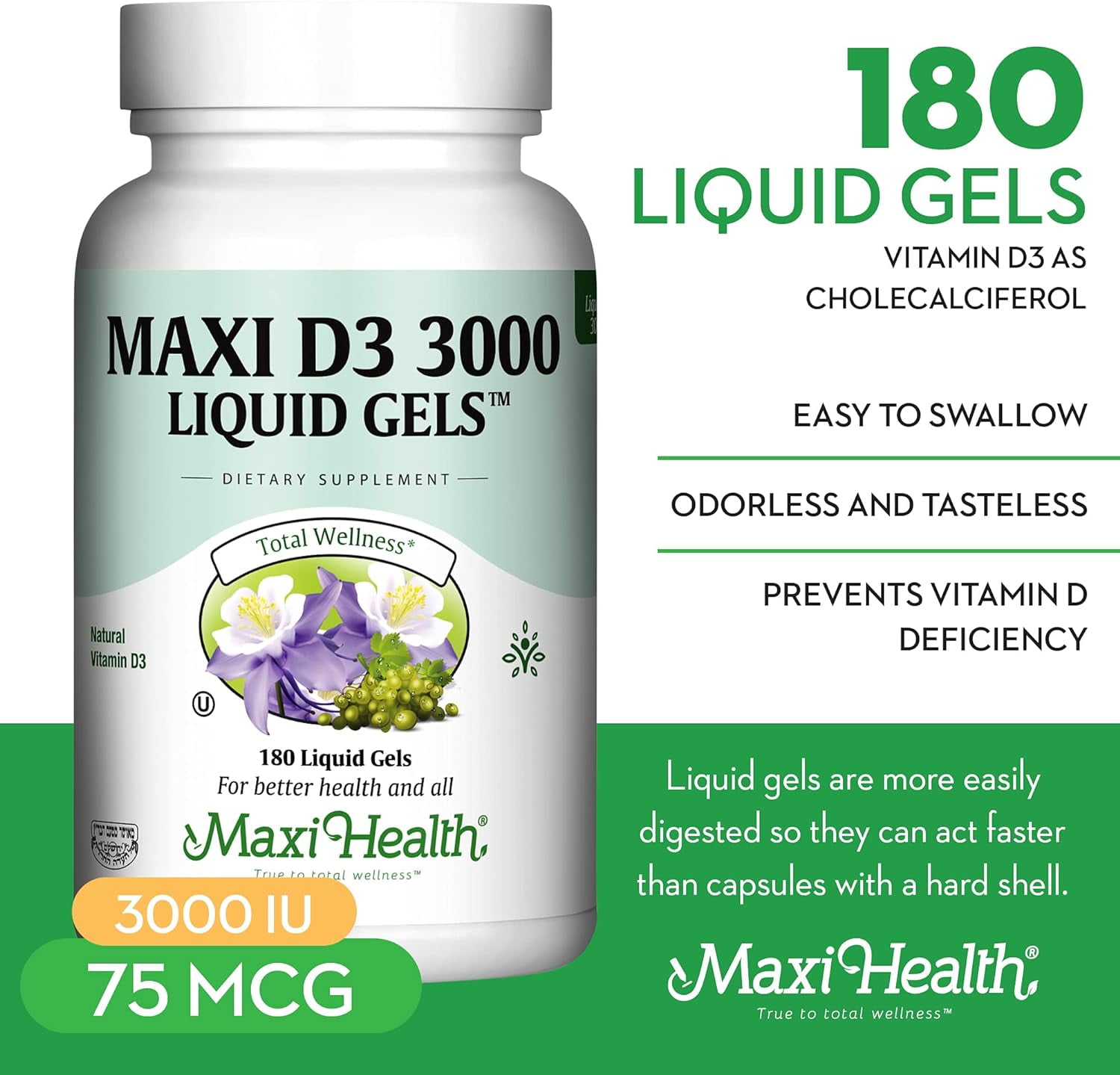 Maxi Health Vitamin D3 3000 IU Softgels – Immune & Bone Support – High Absorption – 180 Count