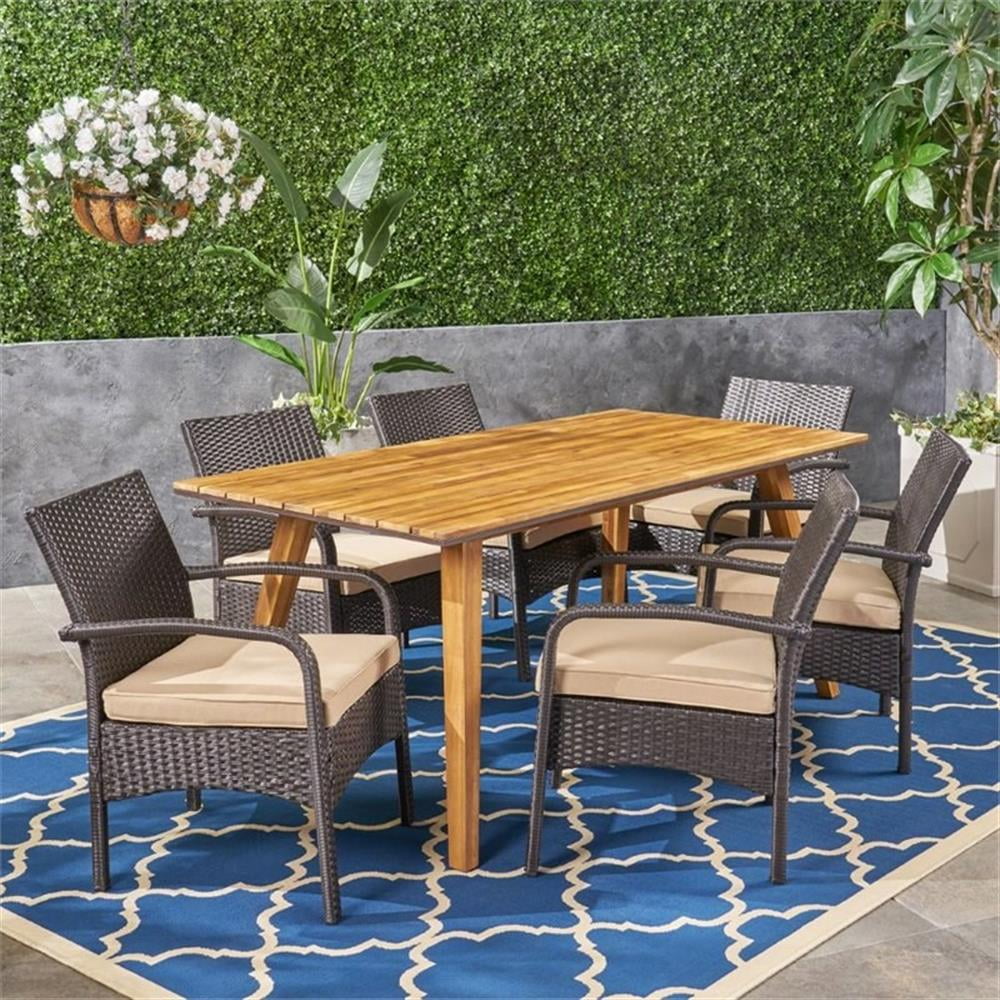 Gideon Outdoor 7 Piece Industrial Acacia Wood and Wicker Square Dining Set with Cushions, Brown, Teak, Tan