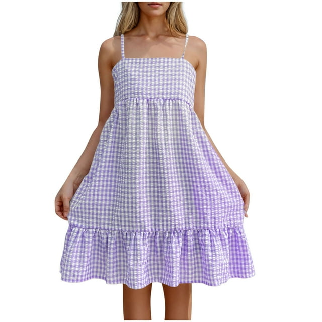 WRKEKC Robe d'Été à Bretelles Ajustables pour Femme avec Jupe Évasée à Carreaux, Robe de Fête d'Été pour la Plage
