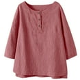 thumbnail image 6 of Frostluinai Cotton Linen 3/4 Sleeve Shirts Womens Crew Neck Button Henley Shirts Solid Vintage T Shirts Casual Loose Blouses for Summer, 6 of 9