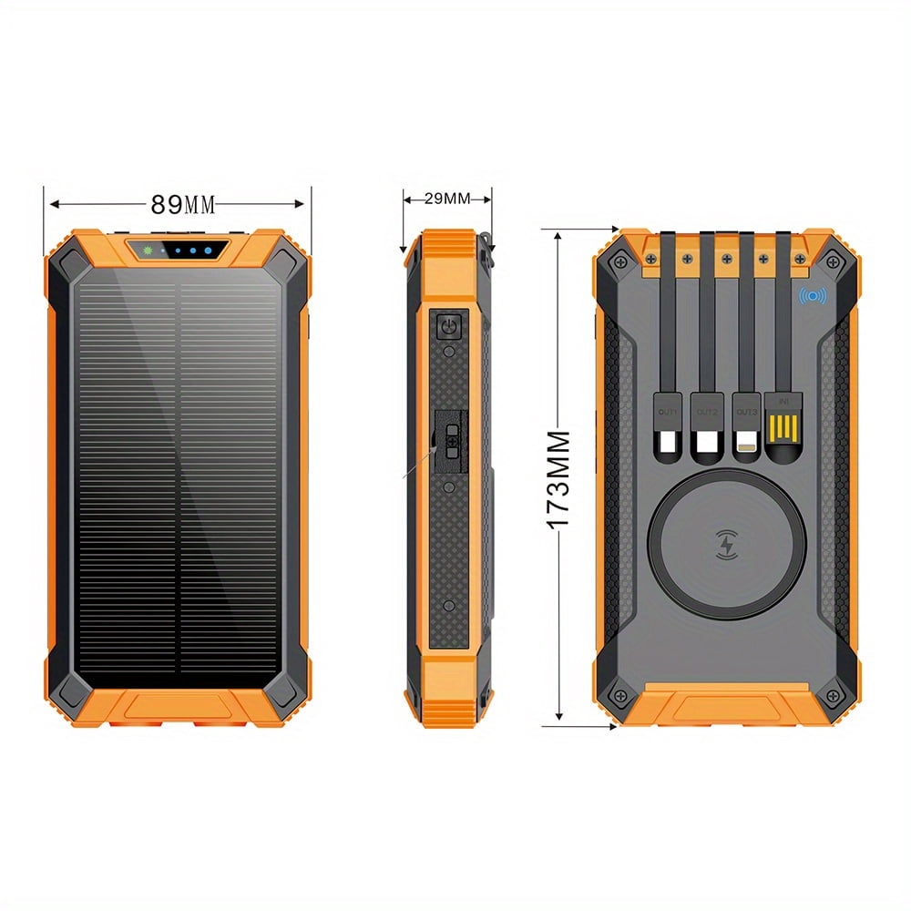 Power Bank Wireless Charger 20000mAh Built in 4 Cables Six Outputs 15W Fast Charging Power Bank for All Mobile Devices Three Inputs Solar Portable Charger with Dual Flashlights, Carabiner
