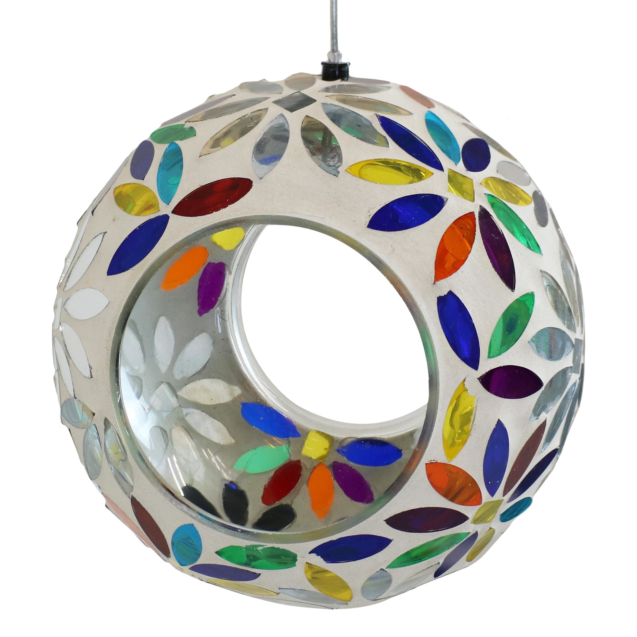 Sunnydaze Mosaic Glass Fly-Through Hanging Bird Feeder, 1-Cup Capacity, Rainbow Daisies