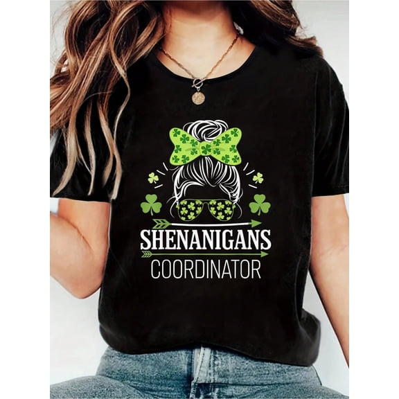 100% Cotton Shenanigans Coordinator Messy Bun St Patricks Day Print Women's Gift T-Shirt, Round Crew Neck Soft Short Sleeve T-Shirt For Spring Summer, Fun Graphic Tops T-Shirts For Women