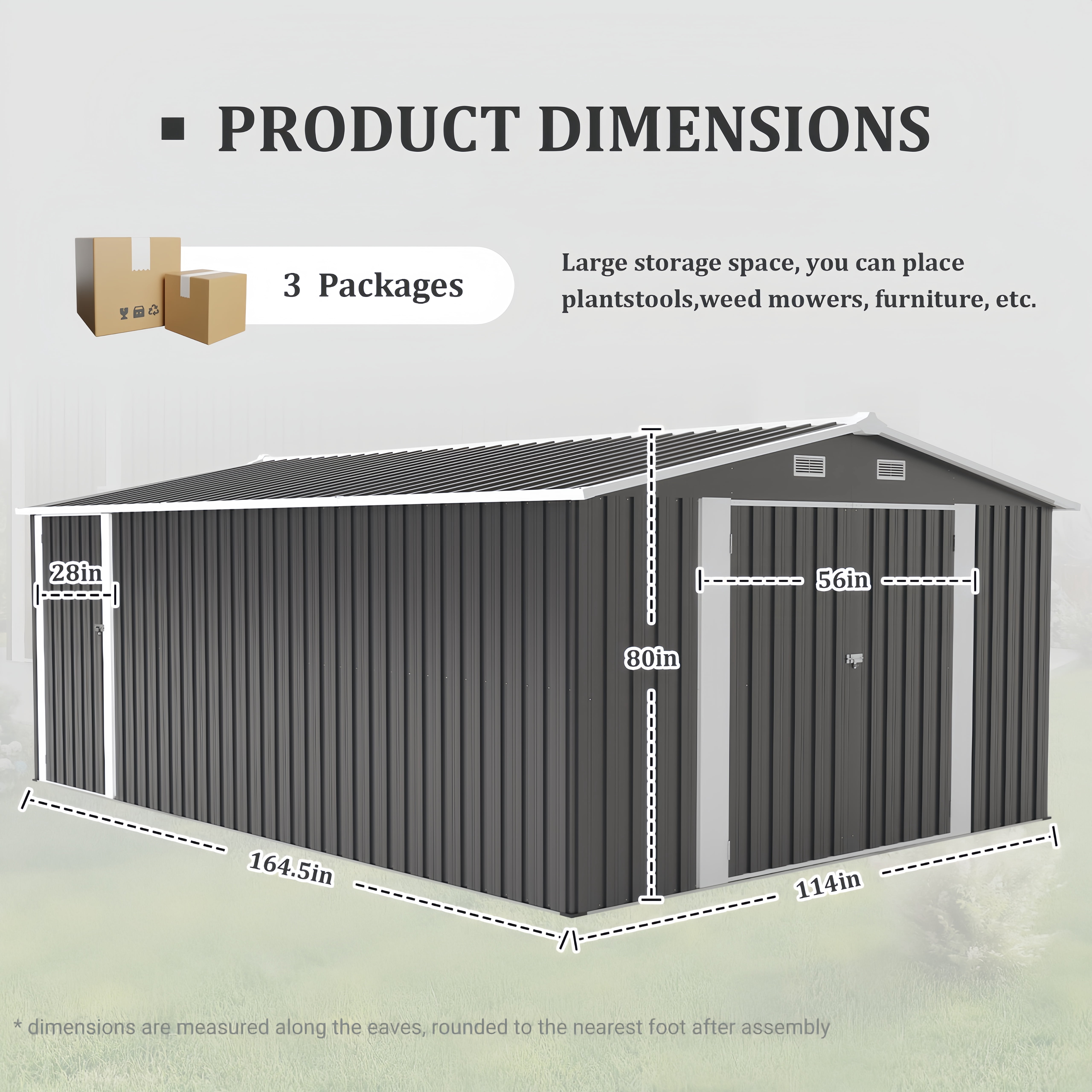 Campcraft 10x14ft Outdoor Storage Shed with 3 Lockable Doors - Heavy Duty Metal  Garden Shed,commercial-grade, triple door,fits riding mowers , Waterproof for Backyard/Patio (Dark Grey)