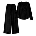 thumbnail image 5 of Guieoi Matching Outfits for Women Solid-Color Cotton-Linen Wide-leg Pants Set V-neck Button-down Long-sleeve Loose-fit Top + High-waisted Pants Two-Piece Set Black M, 5 of 9