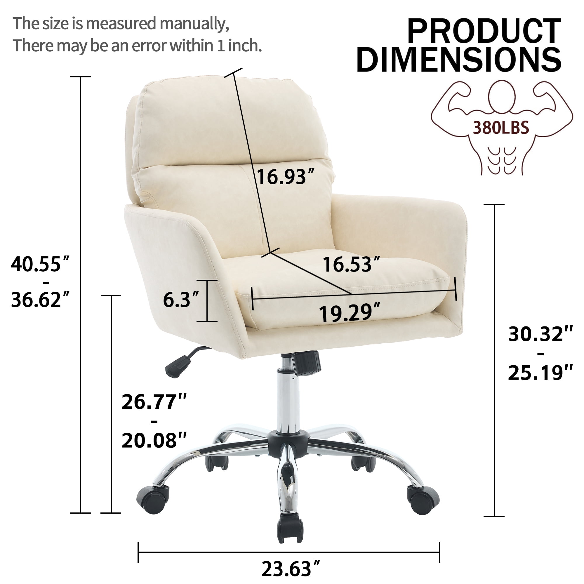 Leumius Office Chair with Black Base & Adjustable In Height,PU Leather Chair for Office Bedroom Dressing Table White