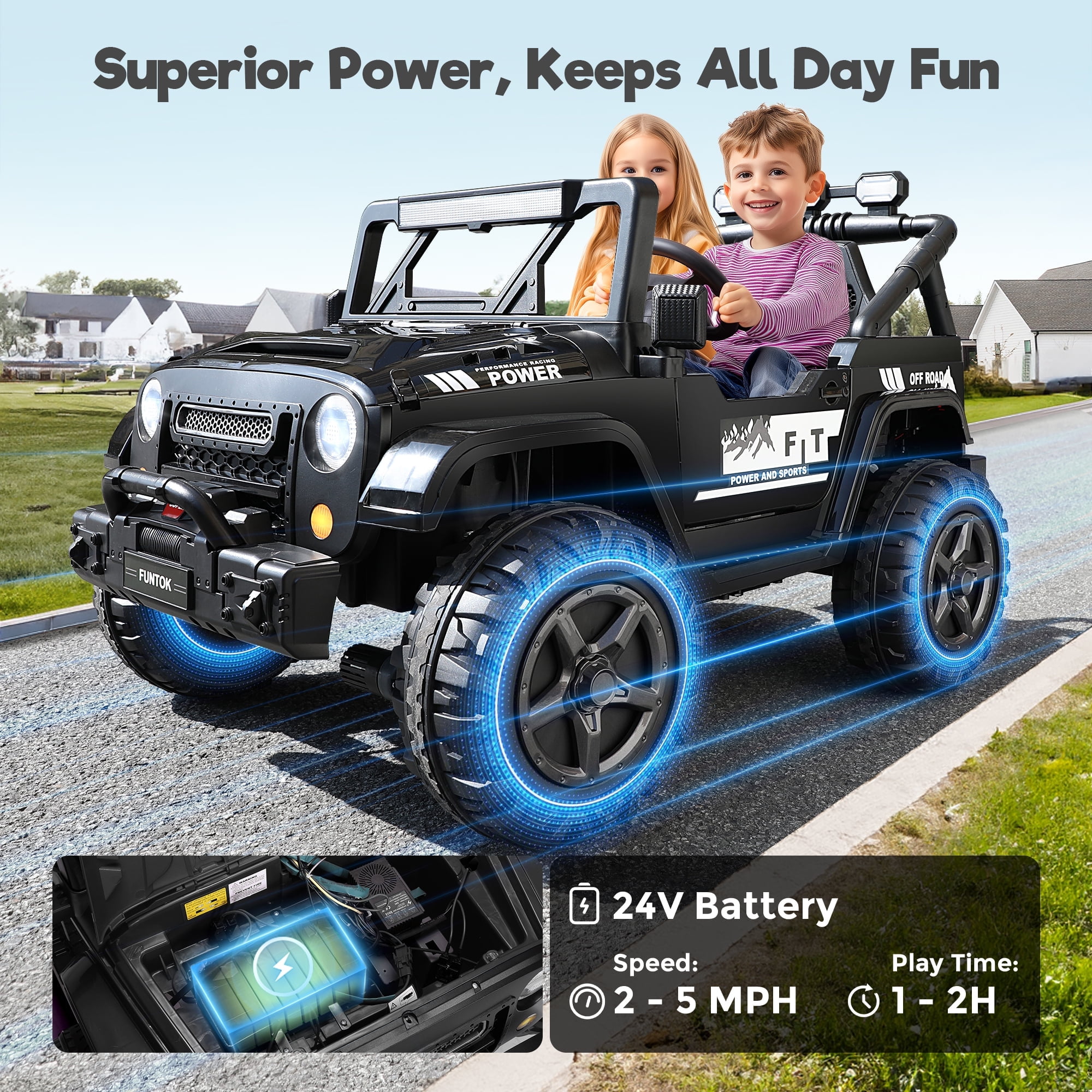 FUNTOK 24 Volt 2 Seater Kids Ride on Toys w/ 20 " Large Seat, 4 x 200W Motor Electric Vehicle Car, 4WD/2WD Switchable Battery Powered Ride on Truck, 3 Speeds with Remote Control & LED Lights, Black