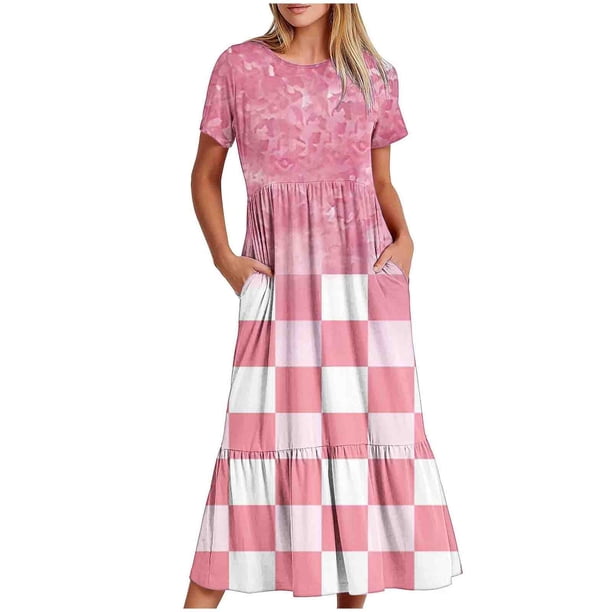 Vestido de Manga Corta para Mujeres Vestido de Verano de Cuello Redondo Impreso, Poliéster de Tamaño Verdadero Diario Y Vestido de Fiesta