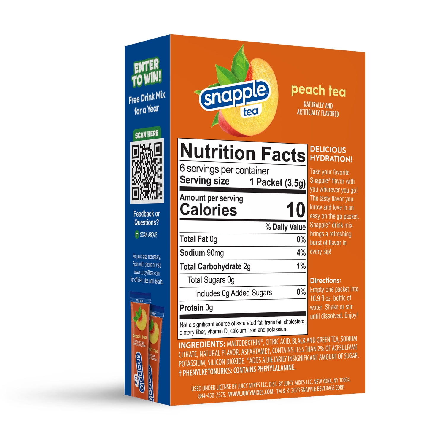 Snapple Peach Tea, On the Go Packs, Powdered Drink Mix Packets, 0.12 oz, 6 count Packets, Zero Sugar