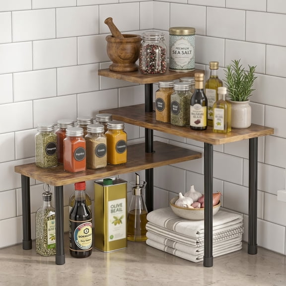 3 Tier Corner Shelf, Bamboo Kitchen Countertop Organizer, Space Saving Storage Display Counter Shelves for Kitchen & Bathroom