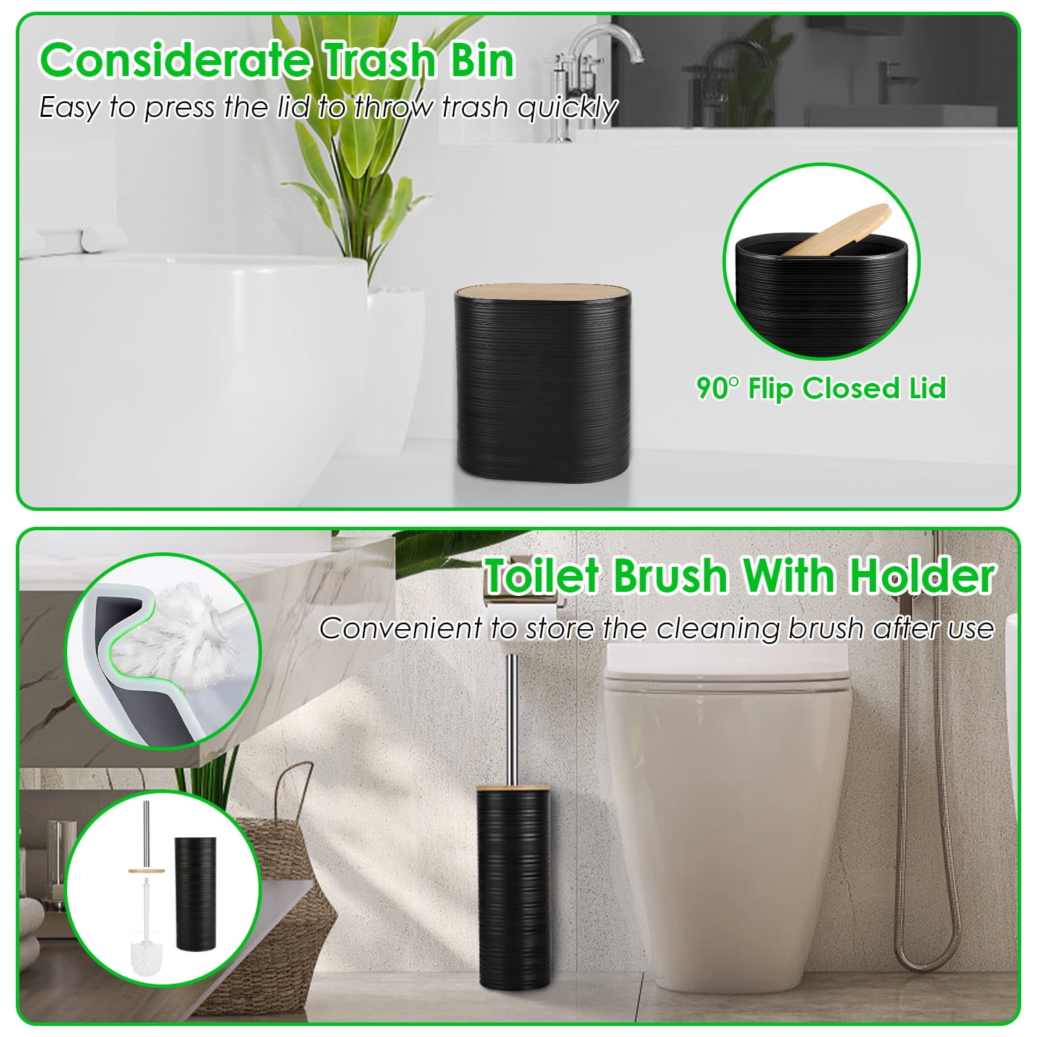 Imountek 8Pcs Bathroom Accessories Set, ABS & Bamboo Black Bathroom Decor Sets with Trash Can Toilet Brush for Home Hotel Office