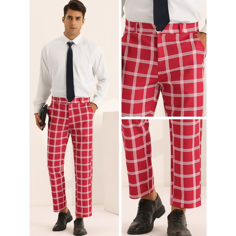 Unique Bargains Men s Plaid Pattern Pants Slim Fit Flat Front Work Office Trousers 32 Red Walmart