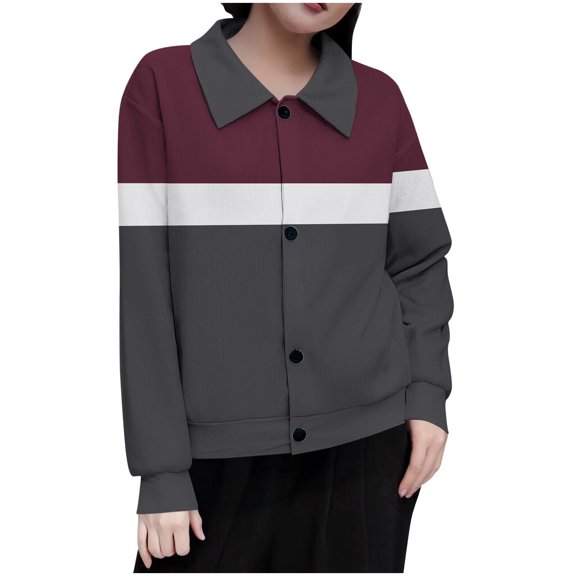 Khunlpohl Womens Casual Coats Button down Collared Color Block Long Sleeve Jackets Textured Trendy Loose Jacket