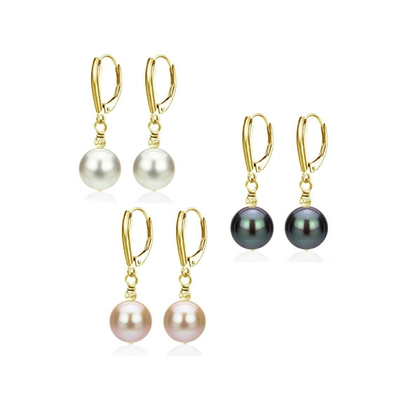 ADDURN 14kt Gold Over Silver 6-7mm White/Black/Pink Freshwater Pearl/Pyramid-Cut Beads Shield Lever Back Earring Set