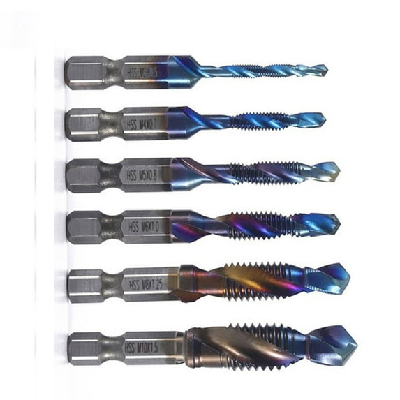 6pcs Titanium Plated Hex Shank HSS Screw Thread Metric Tap Drill Compound tap