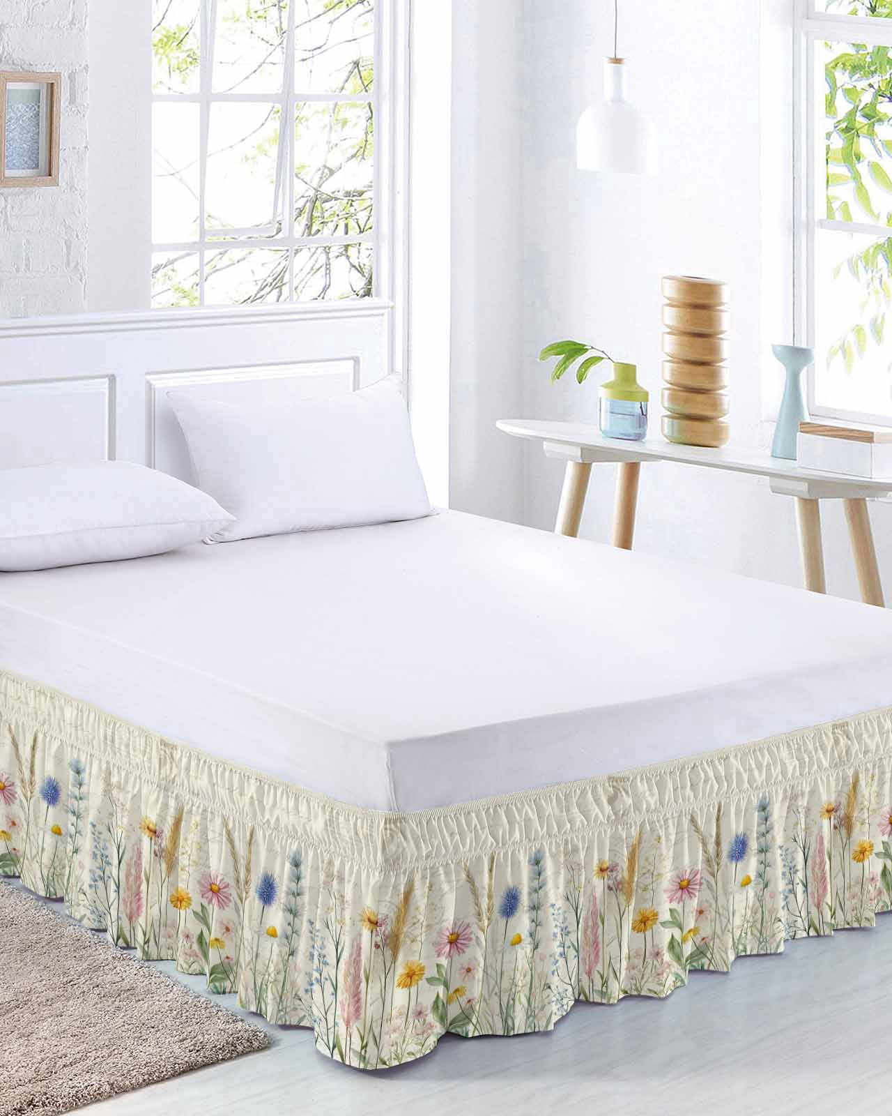 Spring Floral Bed Skirt Queen Size, Summer Flower Botanical Farmhouse Wrap Around Bed Skirting with Adjustable Elastic Strap, Dust Ruffle Pleated Bedskirts 16 Inch Drop for Bedroom Queen Beds