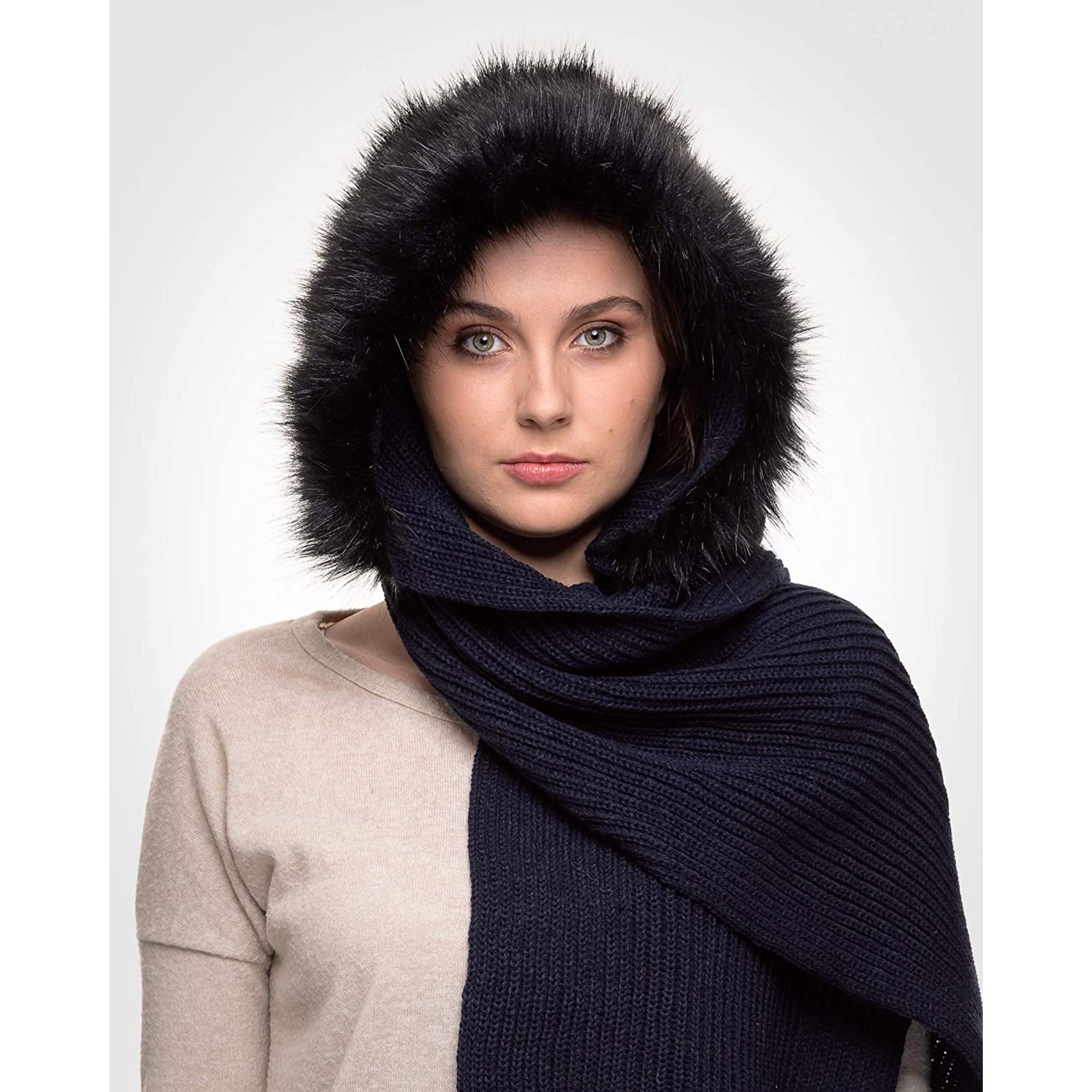 Faux Fur Hooded Scarf for Women - Versatile Knitted Cowl for 