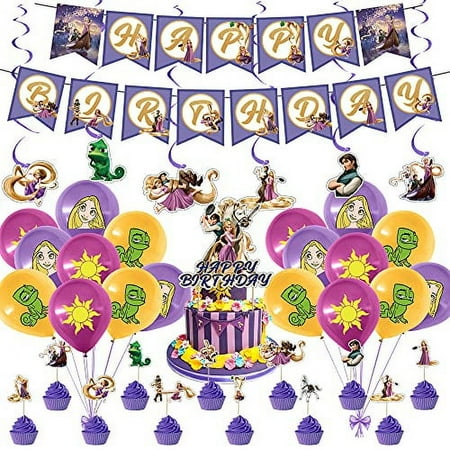 Rapunzel Party Supplies, Princess Theme Birthday Party Decorations for Kids Adults with Happy Birthday Banner Cake Topper Cupcake Toppers Balloons