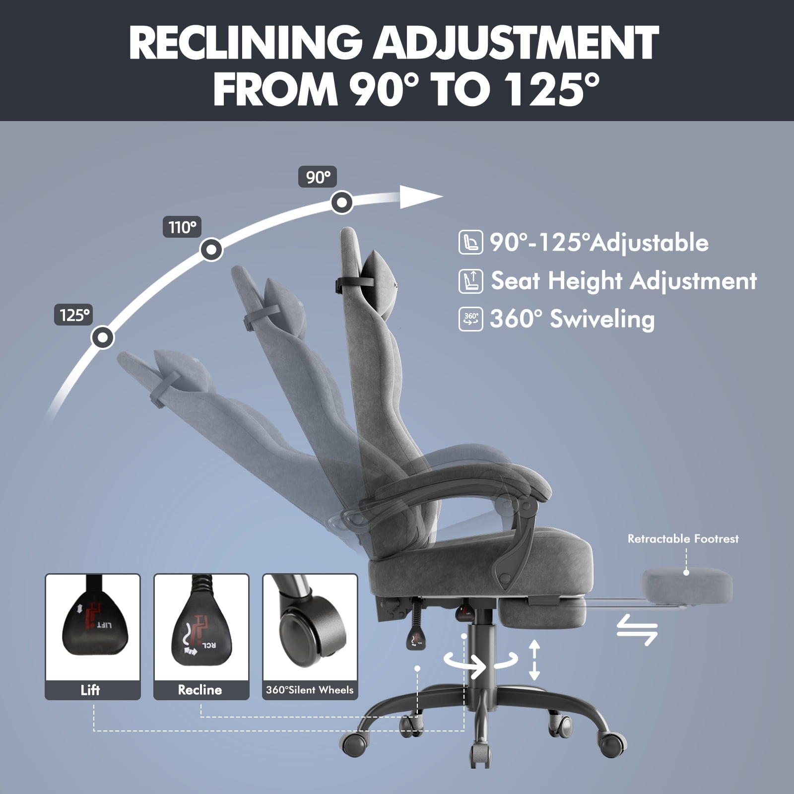 SOONTRANS Grey Gaming Chair for Adult, Velvet Fabric Ergonomic Comfortable Video Gamer Chair with Footrest, Reclining Office Computer Desk Game Chairs with Massage Lumbar Cushion, Headrest