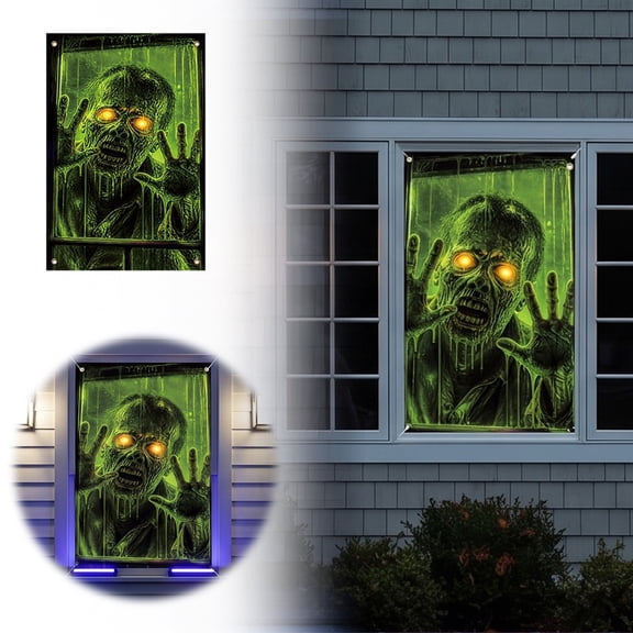Halloween Window Banner Fluorescent Print Hanging Poster With Metal Grommets Outdoor Decor For Window Door Wall Halloween Party Decoration(Black1-31.4"×47.2")