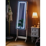 Luxfurni Standing Jewelry Armoire with LED Lights Full-Length Mirror with Jewelry Storage White Finish