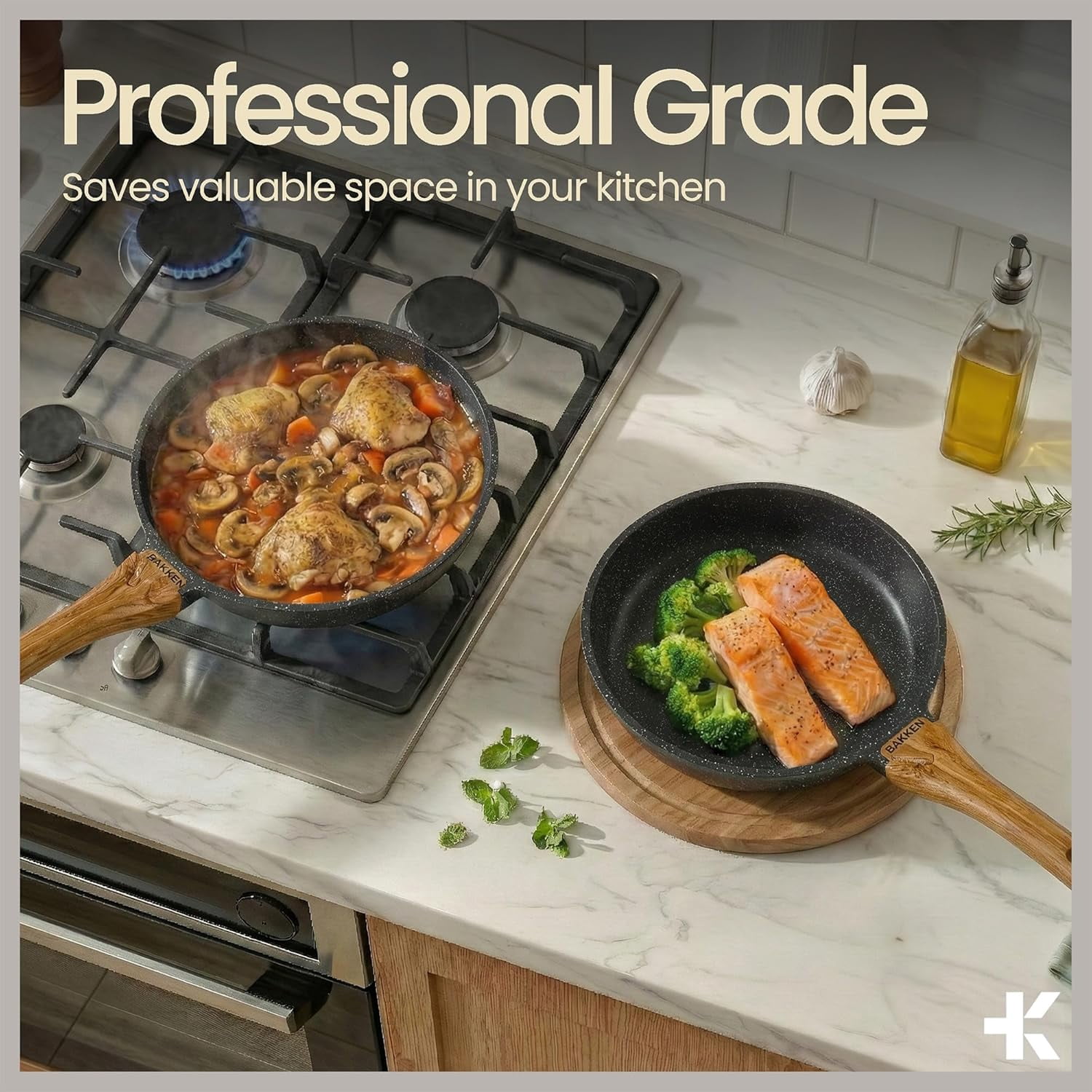 Bakken Master 20-Piece Nonstick Cookware Pots and Pans Set with Bakeware, Granite Coating, Tempered Glass Lids, Oven Safe 500°F, Marble Color