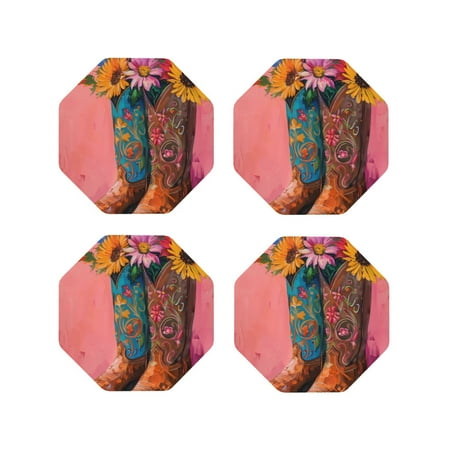 

Honeii Cowboy Boots With Flowers Print Leather Coaster Set of 4 Ideal for Safeguarding Your Furniture from Drinks Spills and Effortless Cleanup-Octagon