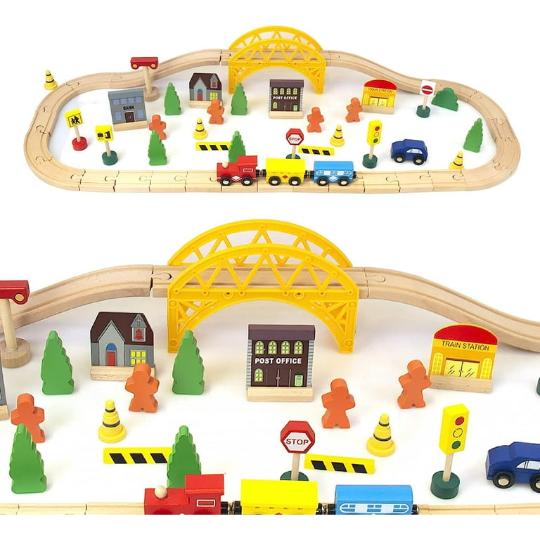 Train Set for 3 Year Old Boys, Double-Side Wooden Train Set Tracks