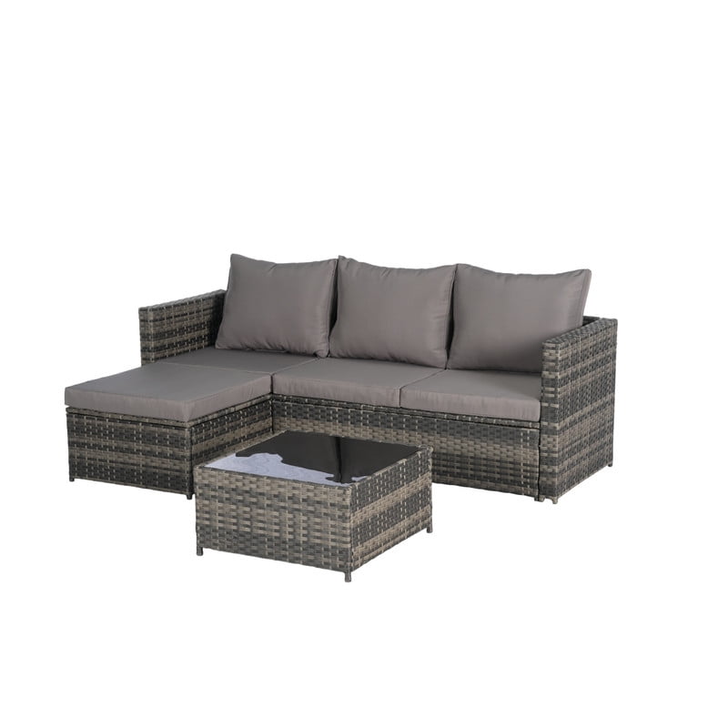 3-Piece Patio Furniture Set with Coffee Table, Outdoor L-Shaped Sectional Sofa Set with Ottoman, Wicker Outdoor Conversation Set for Backyard Poolside