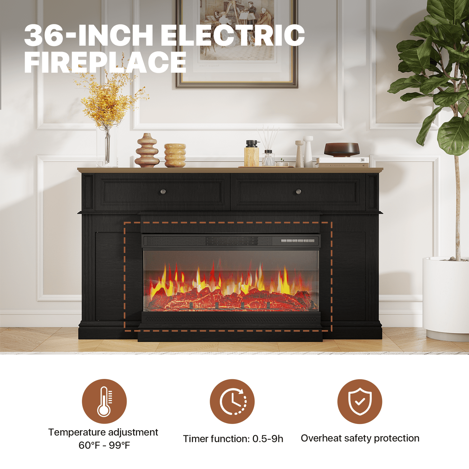 Sonegra Fireplace TV Stand for TVs up to 70" with 36" Fireplace, Farmhouse Entertainment Center with Fireplace, Wooden Media Console for Living Room, Black