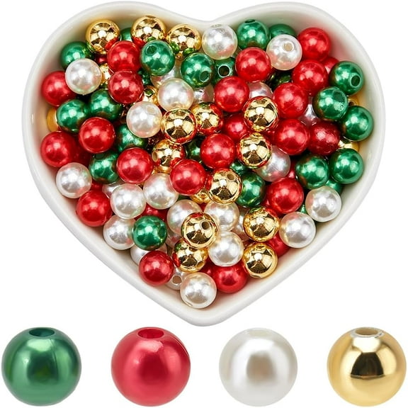 600pcs 4 Colors 8mm Imitation Pearl Beads Christmas Theme Beads Acrylic Plastics Red Green Gold Dyed Faux Artificial Pearls Beads Bulk DIY Holiday Necklaces Earrings