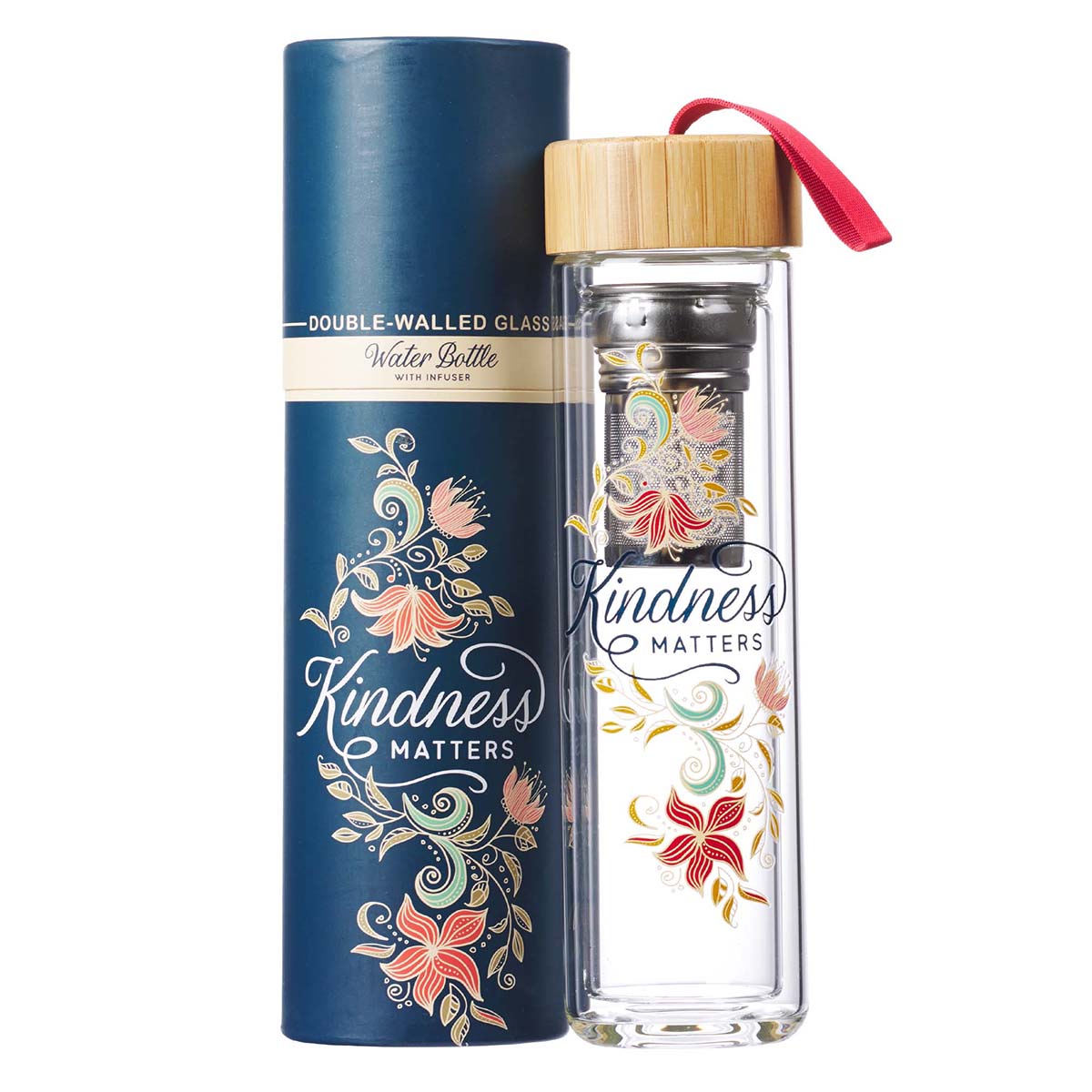 Kindness Matters - Double Wall Insulated Infuser Glass Water Bottle w/Strainer for Loose Tea, Fruit, Coffee  Inspirational Floral Travel Water Bottle For Women  Hot Or Cold Beverages, 15 oz